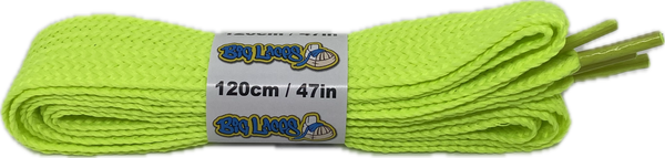 a pair of wide neon yellow shoelaces suitable for adidas superstar shoes