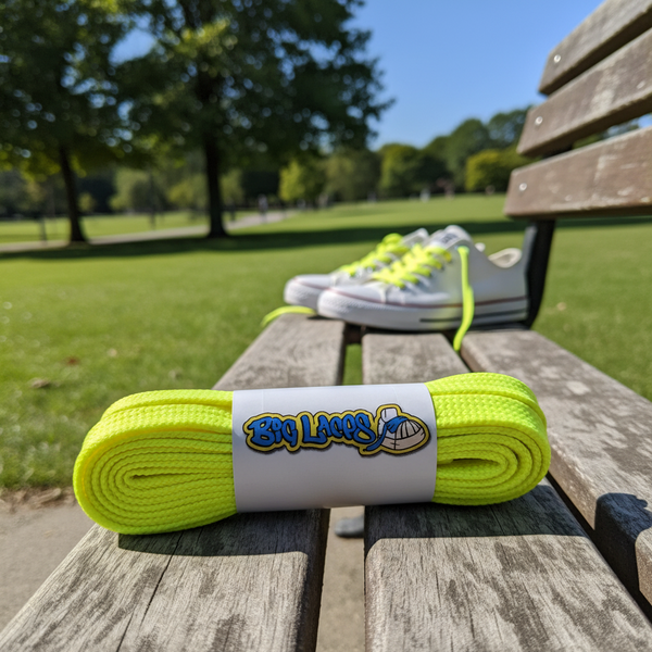 a pair of flat 8mm wide neon yellow shoelaces