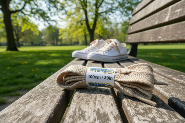 a pair of flat oatmeal cotton shoelaces
