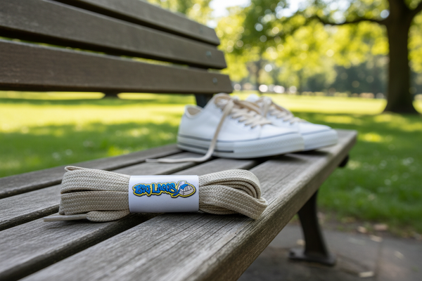 a pair of flat oatmeal cotton shoelaces

