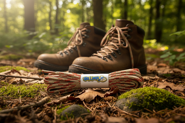 a pair of flat oatmeal bootlaces with red flecks suitable for hiking and walking boots