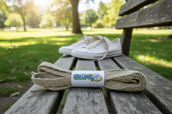 a pair of flat oatmeal beige 10mm wide shoelaces