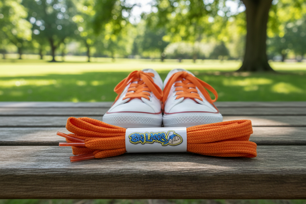 a pair of flat orange shoelaces