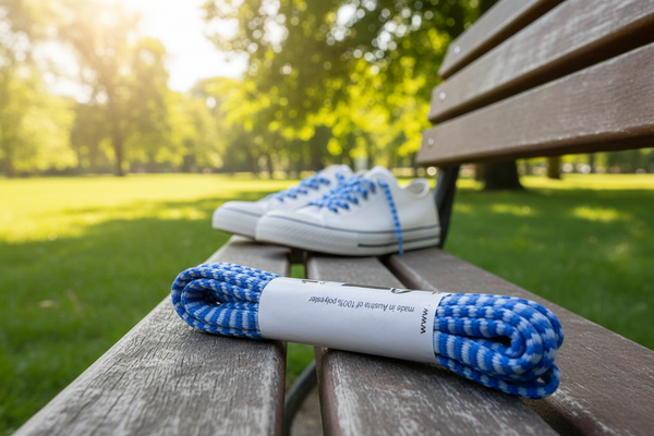 a pair of Flat Padded Striped Shoelaces Blue Light Blue - 8mm wide
