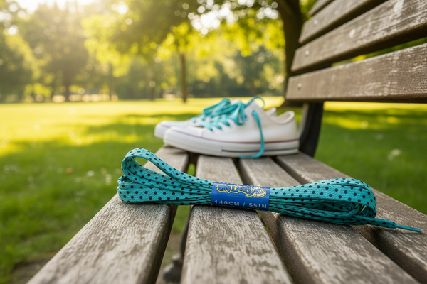 a pair of flat blue with black dots 10mm wide shoelaces