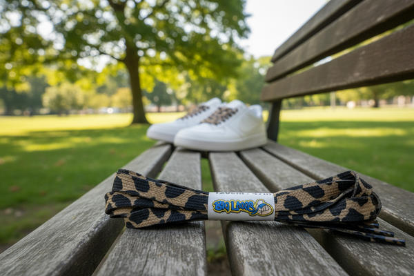 a pair of flat brown patterned shoelaces with black camouflage print