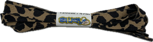 a pair of flat brown patterned shoelaces with black camouflage print