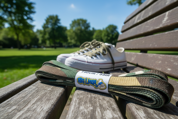 a pair of flat camouflage patterned shoelaces