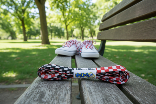 a pair of flat black red white chess checkered dots 10mm wide shoelaces