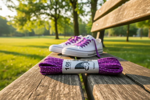 a pair of flat purple glitter shoelaces
