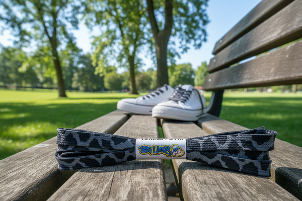 a pair of flat grey patterned shoelaces with black camouflage print