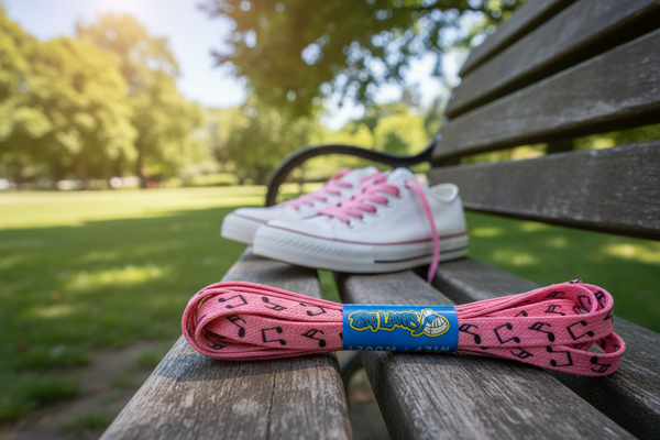 a pair of flat pink musical notes 10mm wide shoelaces