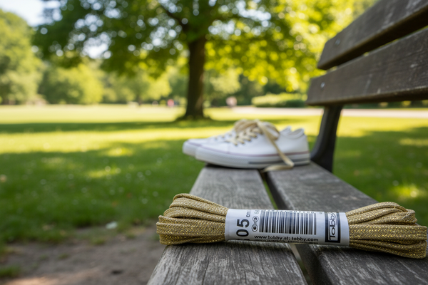 a pair of flat gold coloured shoelaces