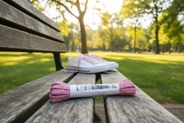 a pair of flat hot pink and silver glitter shoelaces