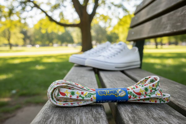 a pair of flat patterned colourful 10mm wide shoelaces
