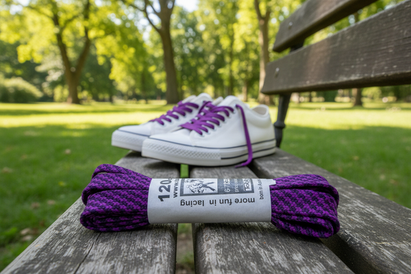 a pair Flat Patterned Shoelaces Purple Aubergine 12mm wide