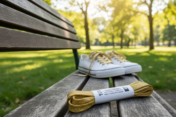 a pair of flat gold coloured shoelaces