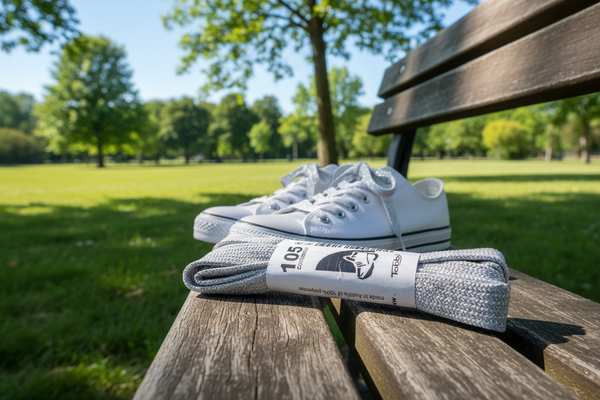 a pair of flat silver coloured shoelaces
