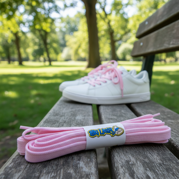 a pair of flat 8mm wide pink shoelaces