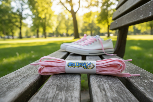 a pair of flat pink shoelaces