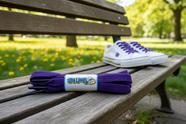 a pair of flat purple cotton shoelaces

