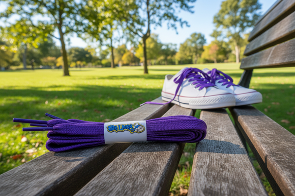 a pair of flat 8mm wide purple shoelaces