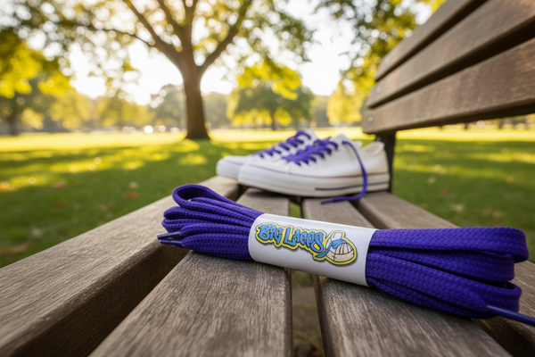 a pair of flat purple shoelaces