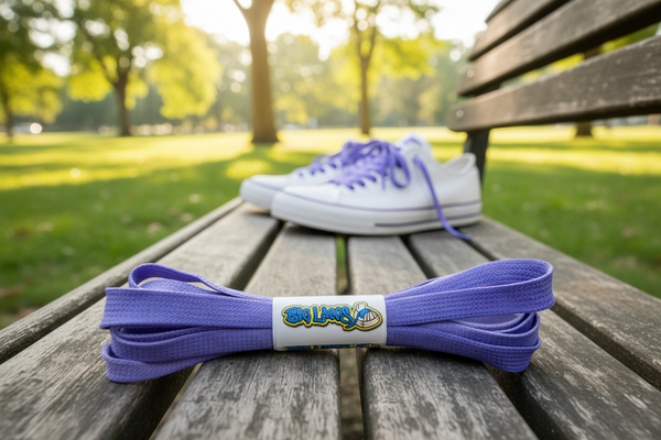 a pair of flat tie dye purple 10mm wide shoelaces

