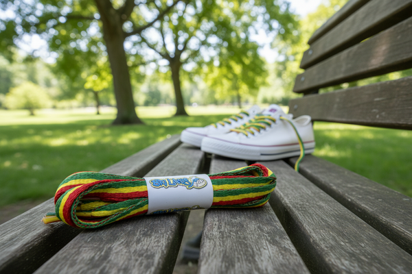 a pair of flat red yellow green rasta 10mm wide shoelaces