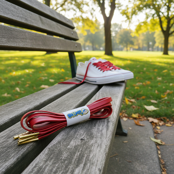 a pair of Red PU leather shoelaces