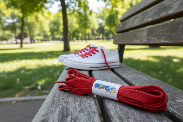 a pair of flat red cotton shoelaces
