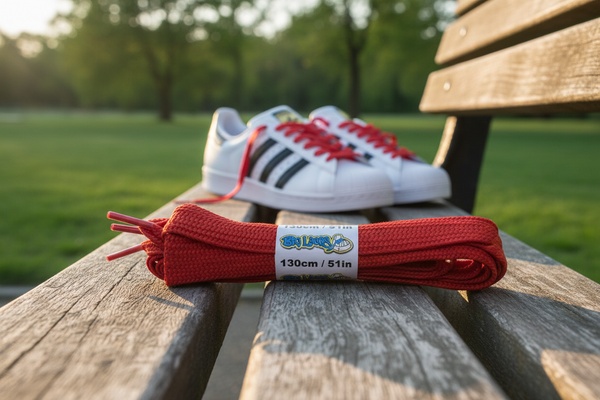 a pair of wide red shoelaces suitable for adidas superstar shoes