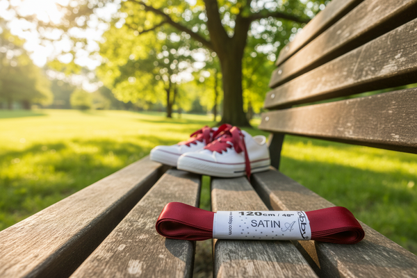 a pair of red satin ribbon laces