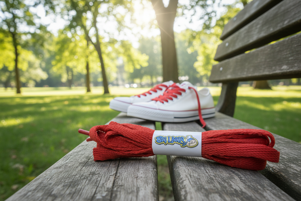 a pair of flat red 10mm wide shoelaces