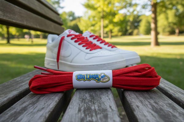 a pair of flat red shoelaces