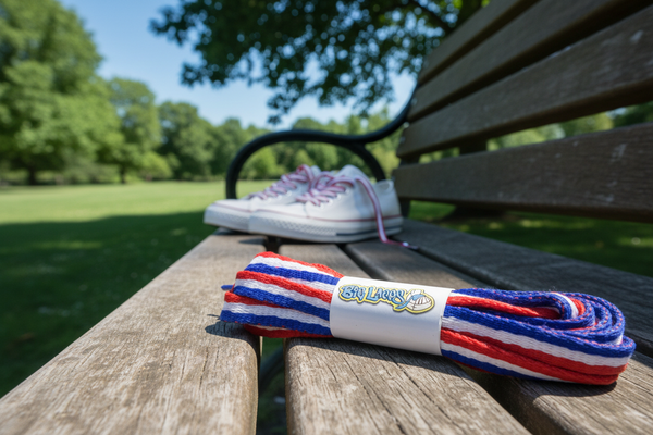 a pair of flat red white blue 10mm wide shoelaces