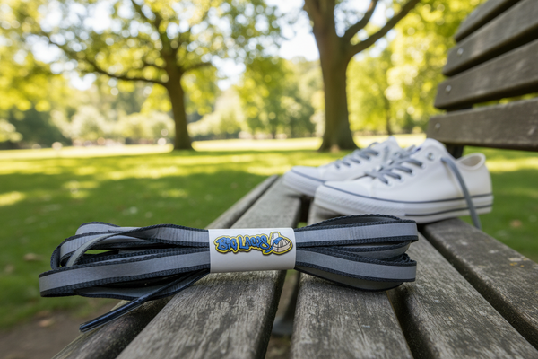a pair of flat 10mm wide grey shoelaces with a reflective strip