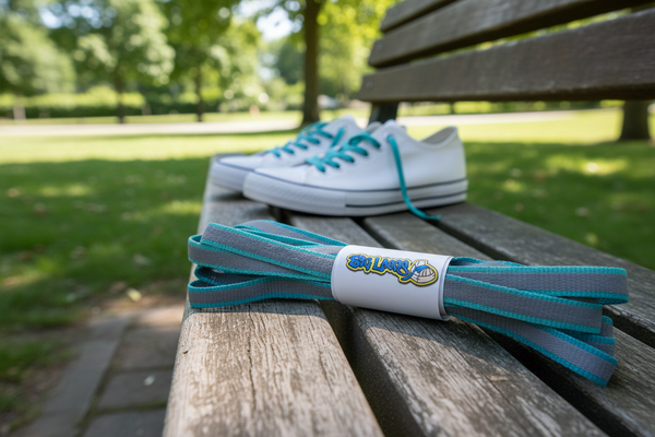 a pair of flat 10mm wide light blue shoelaces with a reflective strip
