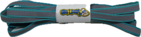 a pair of flat 10mm wide light blue shoelaces with a reflective strip
