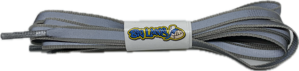 a pair of flat 10mm wide light grey shoelaces with a reflective strip

