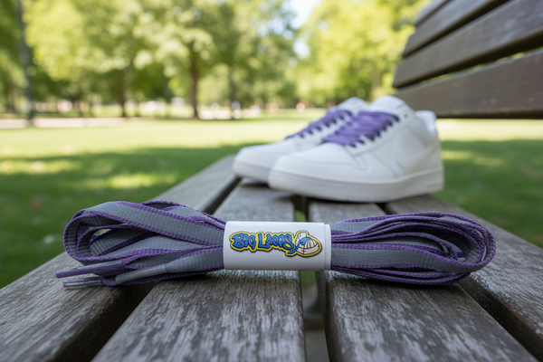 a pair of flat 10mm wide lilac shoelaces with a reflective strip

