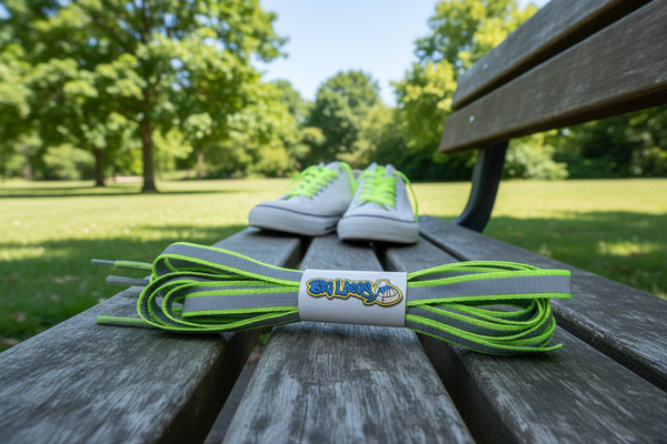 a pair of flat 10mm wide neon green shoelaces with a reflective strip
