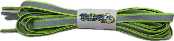 a pair of flat 10mm wide neon green shoelaces with a reflective strip
