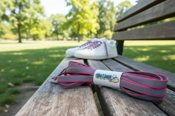 a pair of flat 10mm wide neon pink shoelaces with a reflective strip
