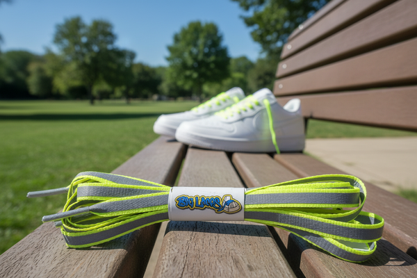a pair of flat 10mm wide neon yellow shoelaces with a reflective strip
