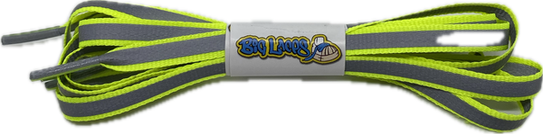 a pair of flat 10mm wide neon yellow shoelaces with a reflective strip
