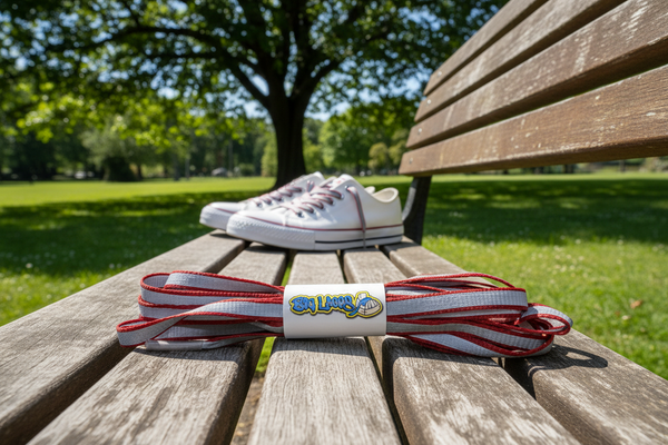 a pair of flat 10mm wide red shoelaces with a reflective strip
