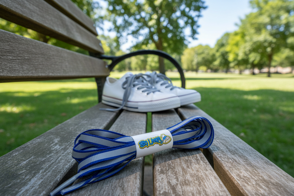 a pair of flat 10mm wide royal blue shoelaces with a reflective strip
