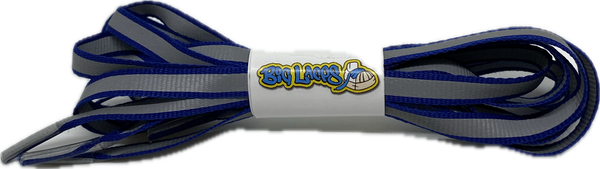 a pair of flat 10mm wide royal blue shoelaces with a reflective strip
