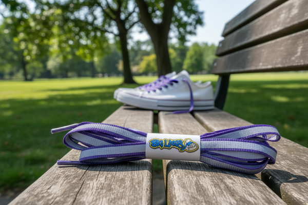 a pair of flat 10mm wide violet purple shoelaces with a reflective strip
